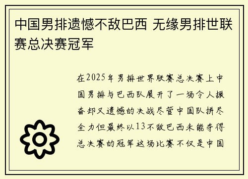 中国男排遗憾不敌巴西 无缘男排世联赛总决赛冠军