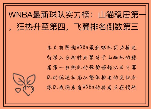 WNBA最新球队实力榜：山猫稳居第一，狂热升至第四，飞翼排名倒数第三